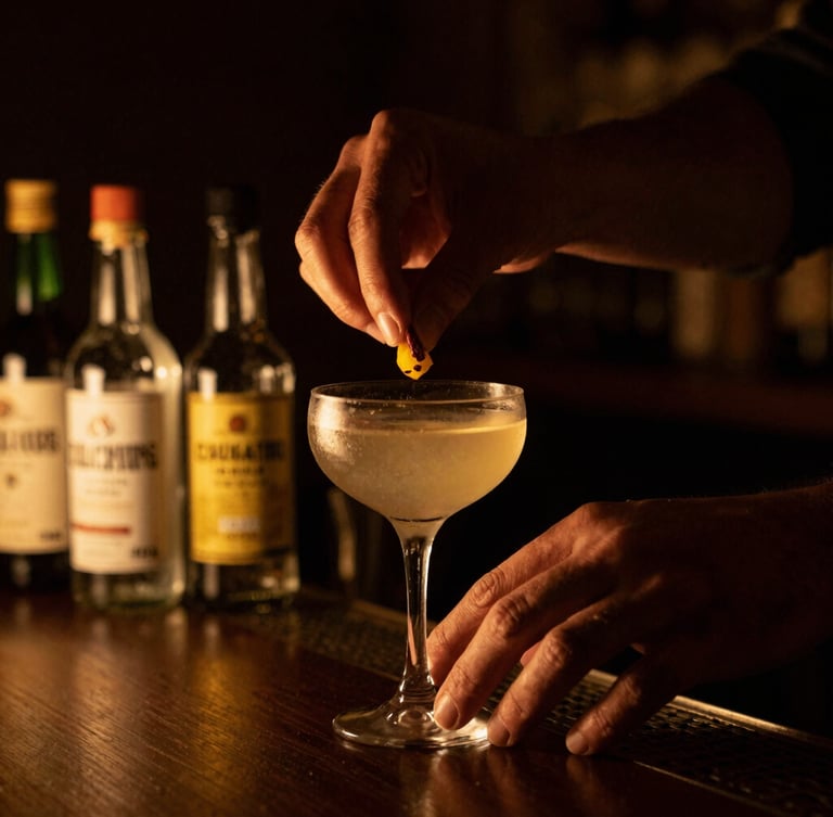Close-up of a mixologist's hands delicately placing a garnish on a cocktail, house-made bitters bottles in background, warm golden light, dark moody tones, shallow depth of field.