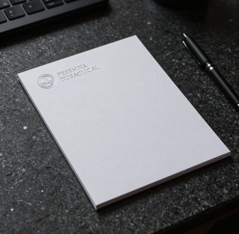 Close-up of premium physical branding, embossed corporate stationery on a dark stone desk, dramatic low-key studio lighting, sharp focus, 35mm