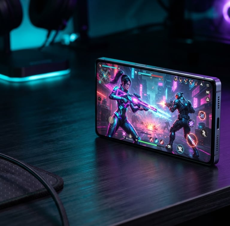Sleek dark smartphone displaying a high-definition competitive mobile game, glowing neon cyan and purple light reflecting on its screen and metallic frame, macro lens, 35mm, wide aspect, off-center to the right, generous negative space on the left.