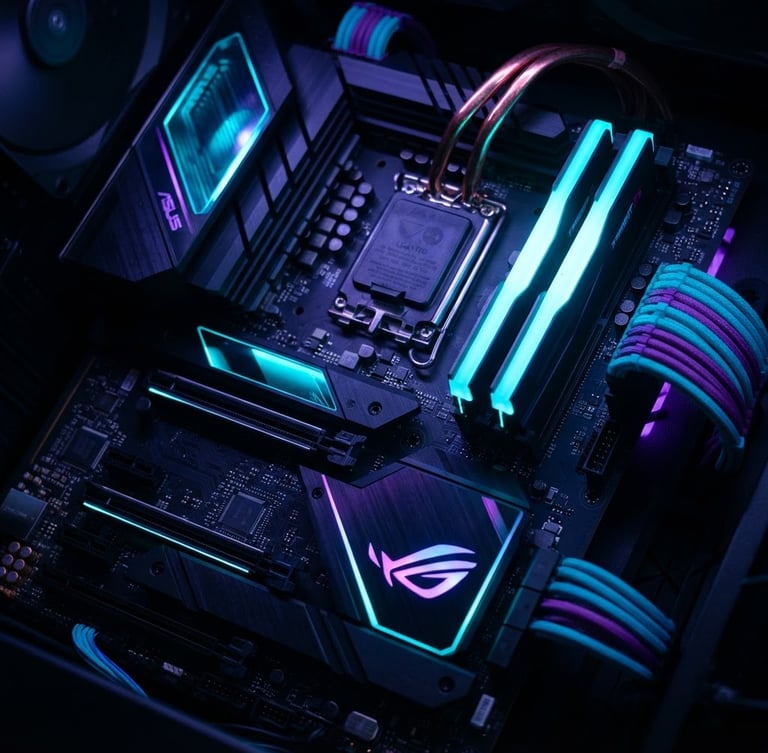 Close-up macro de uma placa-mãe de PC com componentes brilhando em neon ciano e roxo, fiação organizada, fundo escuro, iluminação de alto contraste.