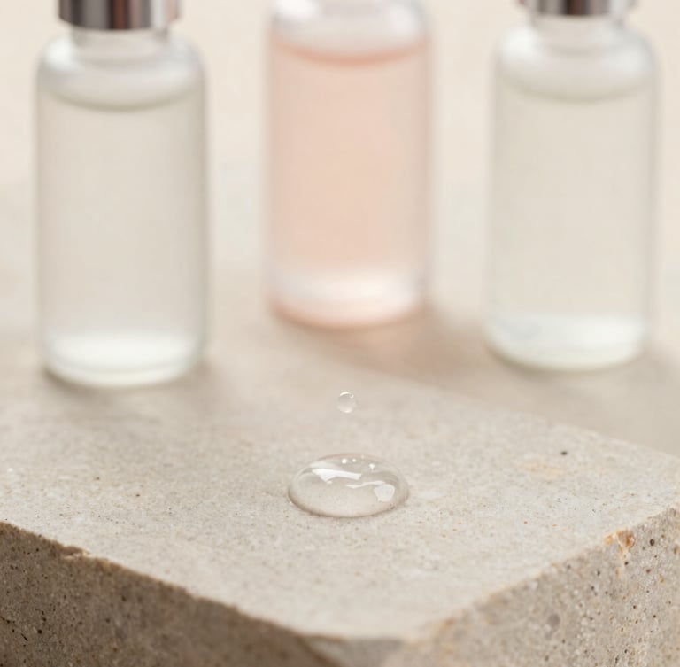 Macro shot of a single pristine serum droplet suspended on a clean stone surface, soft morning light, 85mm