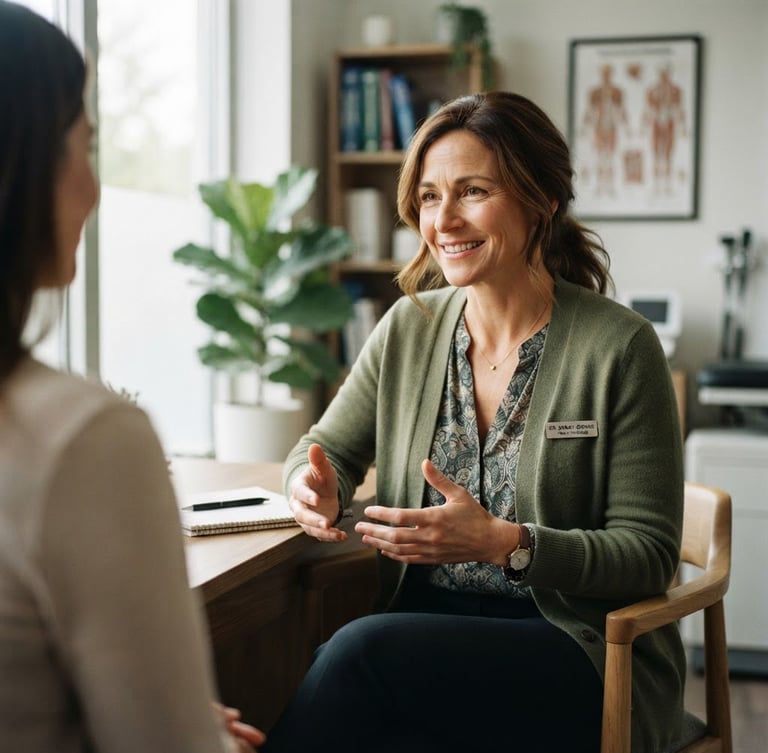 Warm editorial portrait of a female family physician, mid-40s, with kind eyes, in casual professional attire, smiling gently, conversing warmly with a patient (out of frame) in a modern, naturally lit clinic room. Soft natural window light, muted forest tones, shallow depth of field, 35mm.