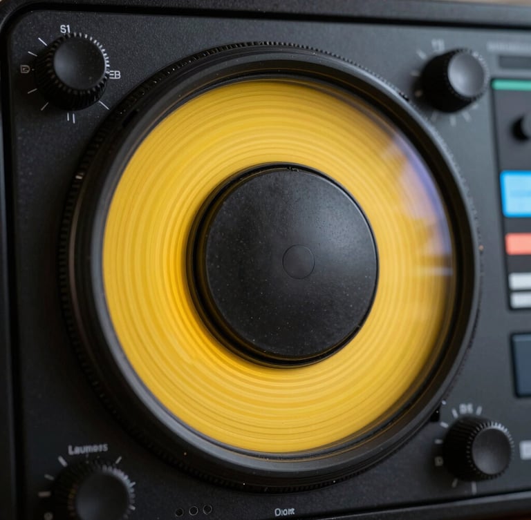 Extreme close-up of a professional color grading wheel on a high-end monitor, vibrant yellow and deep black tones, sharp focus on control dials