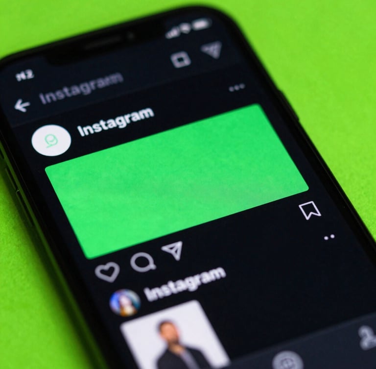 Tight macro shot of a mobile screen showing a vibrant Instagram feed mockup with high-contrast neon green graphic overlays, dramatic dark-mode glow, 35mm