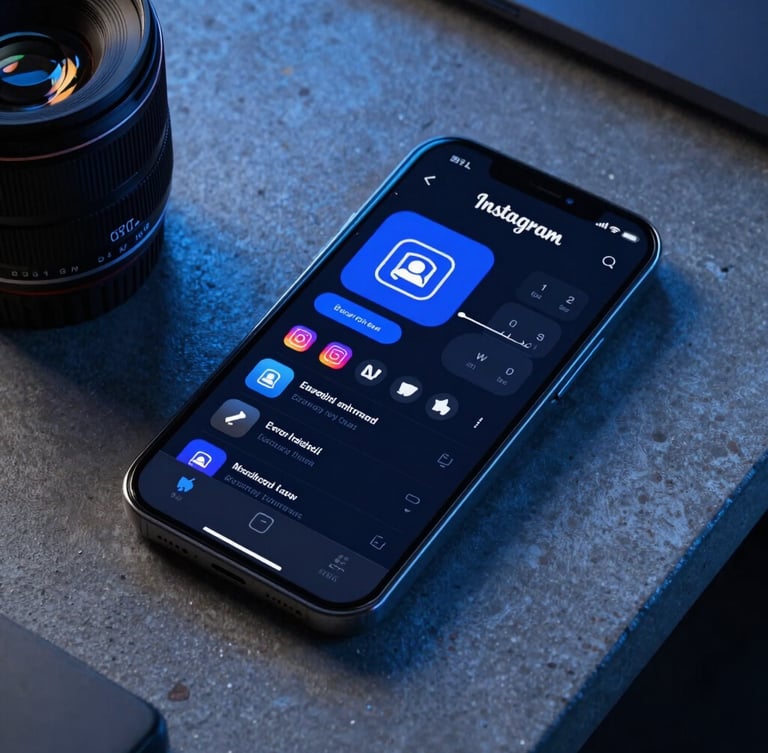 A high-fidelity mobile mockup displaying a dark-mode Instagram feed with electric blue graphics, dramatic neon backlighting casting a sharp glow on a concrete desk, 35mm lens.