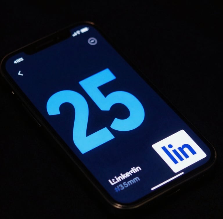 Angled smartphone mockup displaying a bold LinkedIn carousel design with electric blue typography and dark-mode interface, dramatic neon backlighting