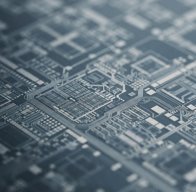 Macro shot of a silicon wafer with intricate circuitry, cool diffused studio light, desaturated slate and silver tones, shallow depth of field, minimalist editorial photography