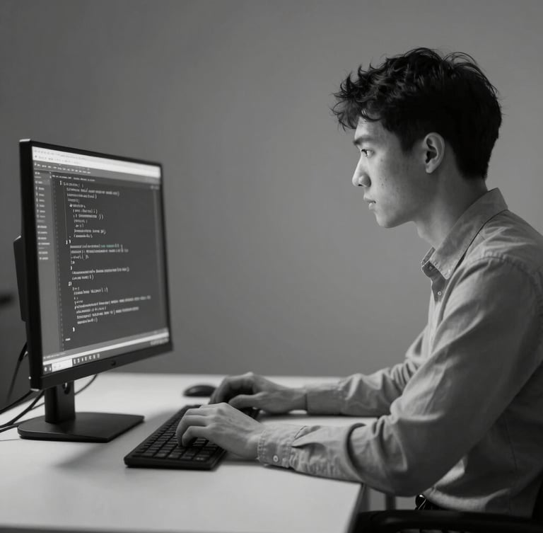 Monochromatic portrait photo of a focused AI researcher working at a minimalist desk, screen showing abstract code, cool diffused studio light, shallow depth of field, macro lens, desaturated slate and silver tones.