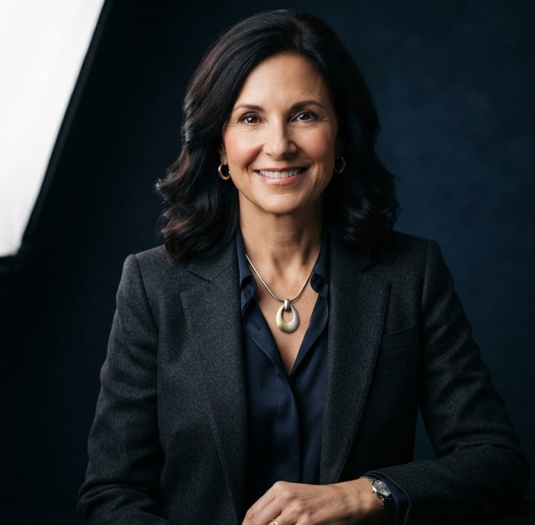 Elegant environmental portrait of a confident business owner wearing tailored clothing, soft dramatic studio lighting highlighting gold and silver jewelry against a deep navy background, 85mm lens