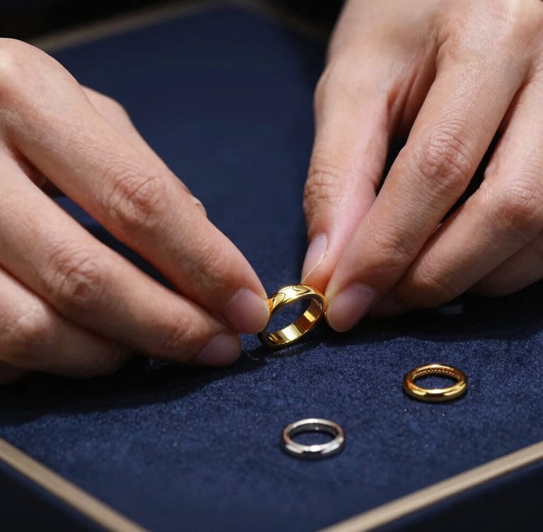 Macro shot of gold and silver jewelry reflecting dramatic studio light, professional hands carefully arranging certified pieces in a premium display case, 85mm lens