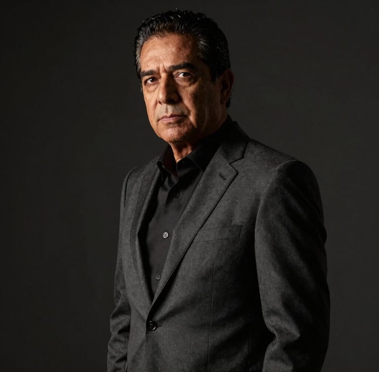 Low-key editorial portrait of Lic. Oswaldo Ríos Durazo in a sharp tailored dark grey suit, dramatic side-lit shadows, deep charcoal background, sharp 50mm lens, serious expression.