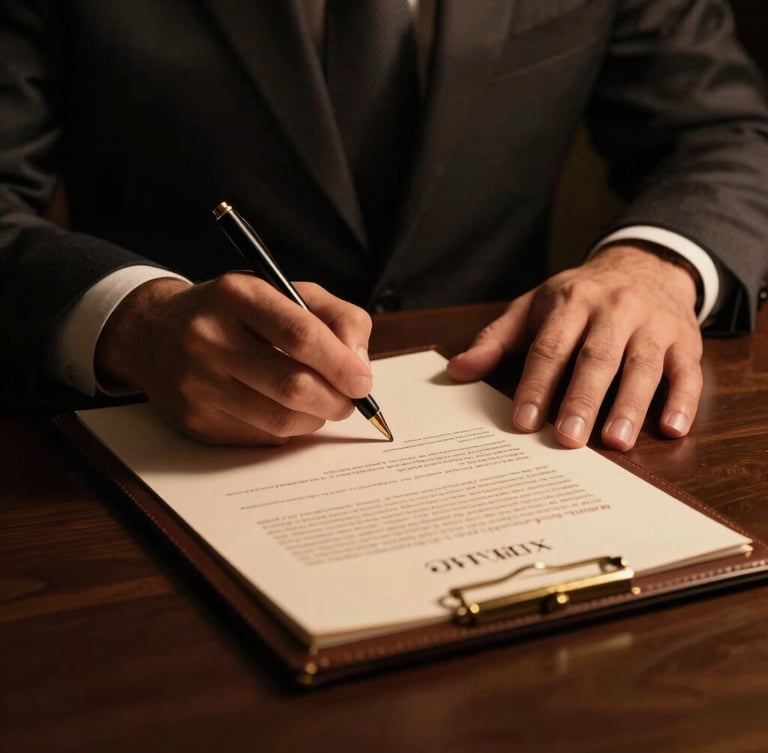 Dramatic close-up of hands in a tailored suit signing a leather-bound legal document, low-key lighting, warm gold highlights, deep charcoal tones.
