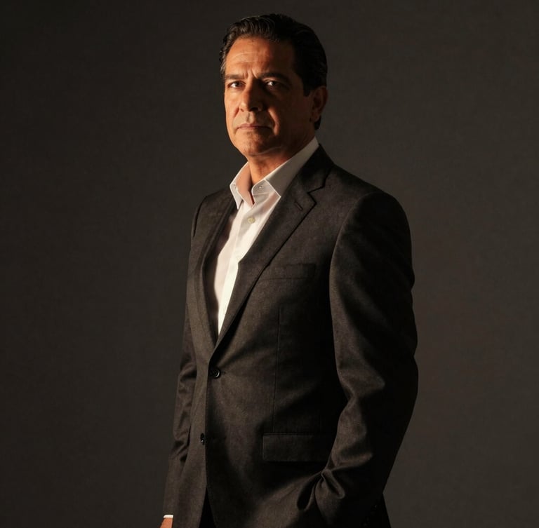 Low-key editorial portrait of Lic. Oswaldo Ríos Durazo in a sharp tailored dark suit, dramatic side-lit shadows, deep charcoal background, looking confident and authoritative.