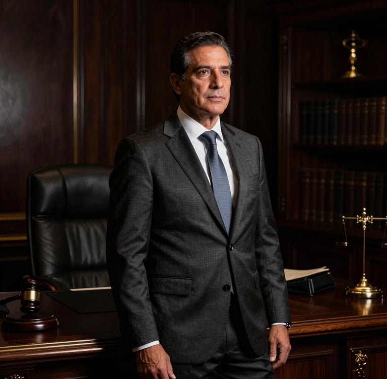 Low-key editorial portrait of Lic. Oswaldo Ríos Durazo, a sharp-suited lawyer in a dark luxury office, dramatic side-lit lighting, deep charcoal shadows, confident stance, professional legal environment.