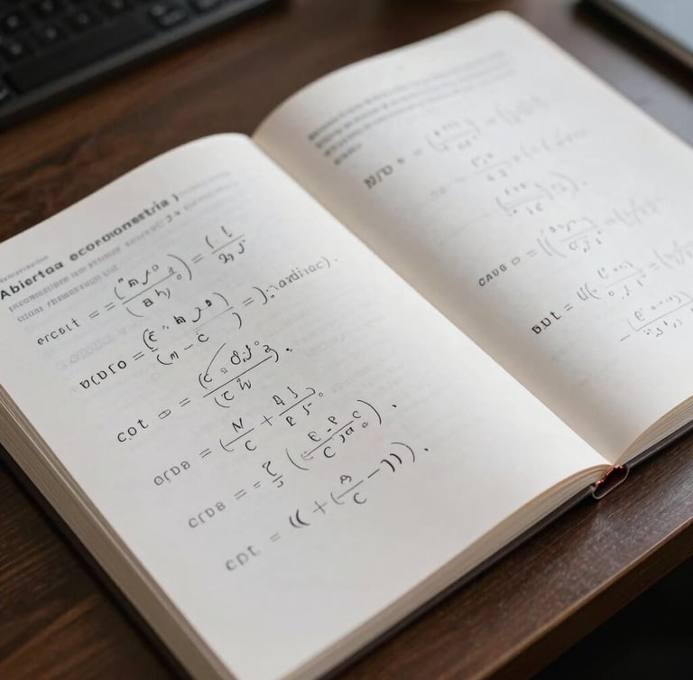 Vista cenital de libros abiertos de econometría y finanzas cuantitativas sobre un escritorio oscuro, luz natural difusa, enfoque en ecuaciones impresas