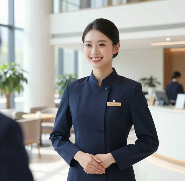 A professional hospitality coordinator in a clean navy uniform smiling warmly in a bright modern event lobby, natural daylight, editorial style