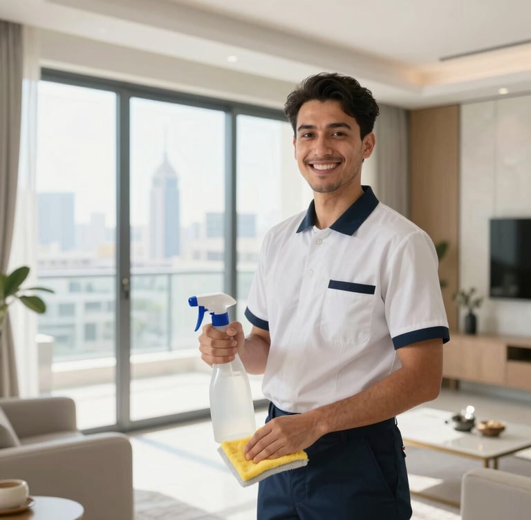 Bright editorial photography, a professional cleaning specialist in a neat uniform smiling in a modern sunlit UAE apartment, 35mm lens.
