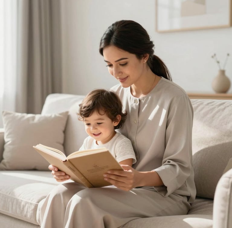 A bright environmental shot of a professional babysitter in a clean, soft-toned modern UAE living room, reading a book to a smiling child, natural daylight, soft shadows, 35mm lens