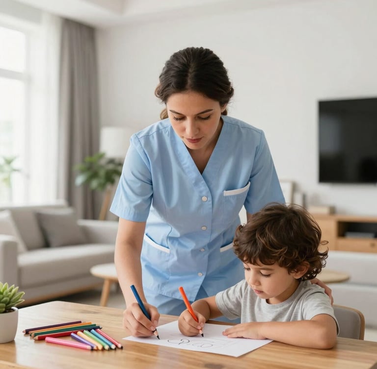 A professional female babysitter in a clean uniform gently guiding a young child drawing with colorful pencils at a wooden table, bright modern UAE home interior, natural light