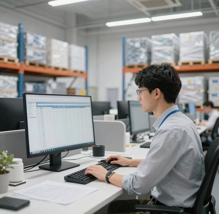 Modern clean logistics warehouse office, bright daylight, a professional coordinator managing fleet schedules on a monitor, editorial photography