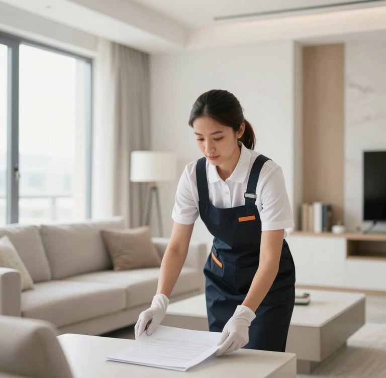 Bright modern UAE living room, natural daylight, a professional cleaner in uniform neatly arranging space, soft focus, editorial photography