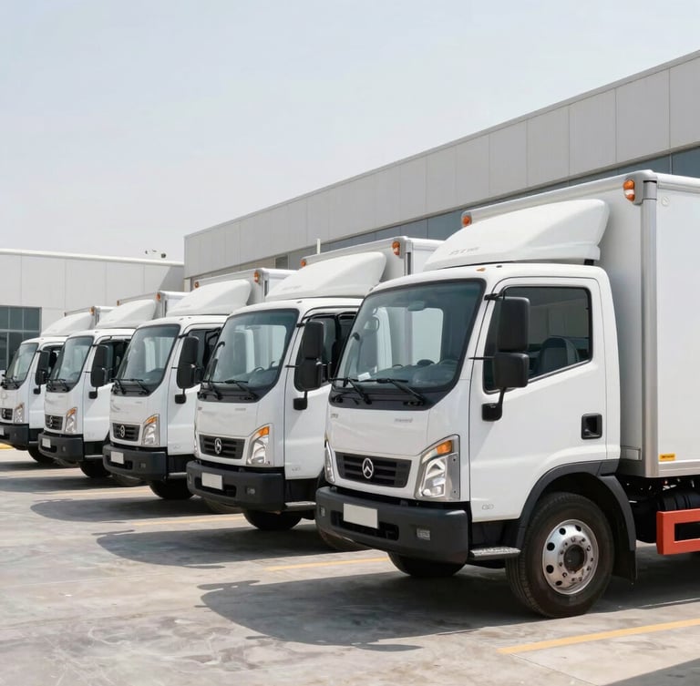 Branded white commercial delivery trucks lined up neatly in a modern UAE logistics yard, bright natural daylight, clean composition, 35mm lens