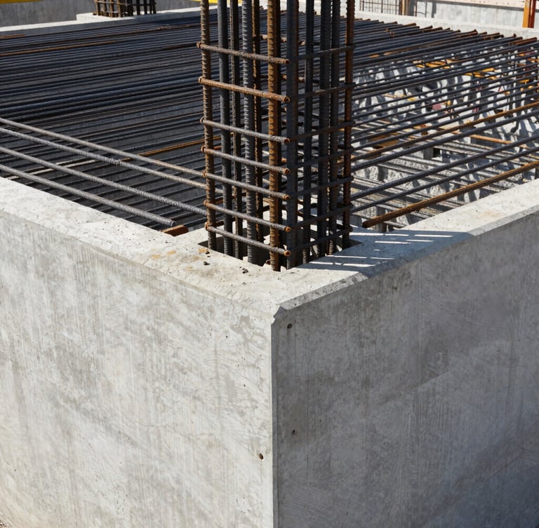 Architectural framing of a massive concrete foundation joint under high-contrast daylight, raw steel rebar visible, industrial construction photography, sharp focus, 35mm.