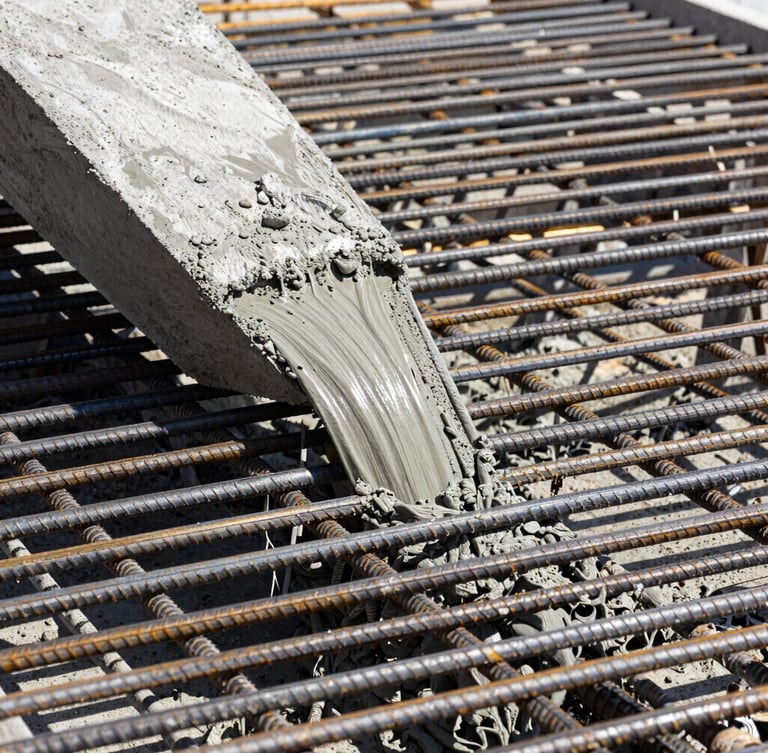 Close-up of industrial concrete pouring, wet concrete flowing over a dense grid of steel rebar, high-contrast daylight, sharp focus on structural textures