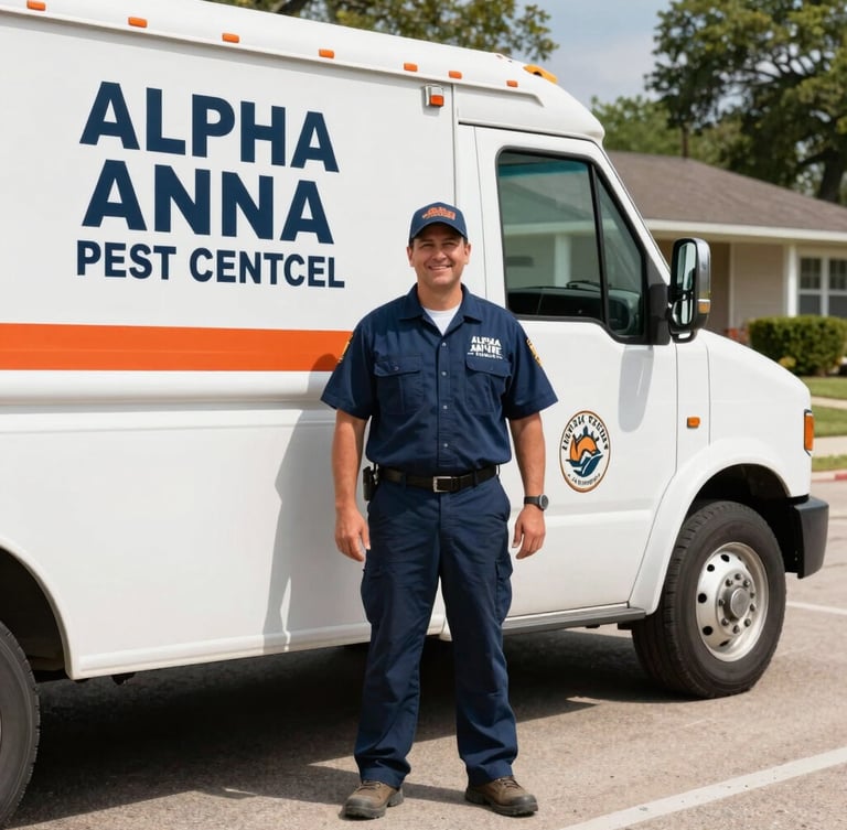 Local Alpha Anna Pest Control technician, in clean uniform, smiling confidently, standing next to a service truck on a sunny residential street in Anna, TX, authentic editorial photography, sharp focus.
