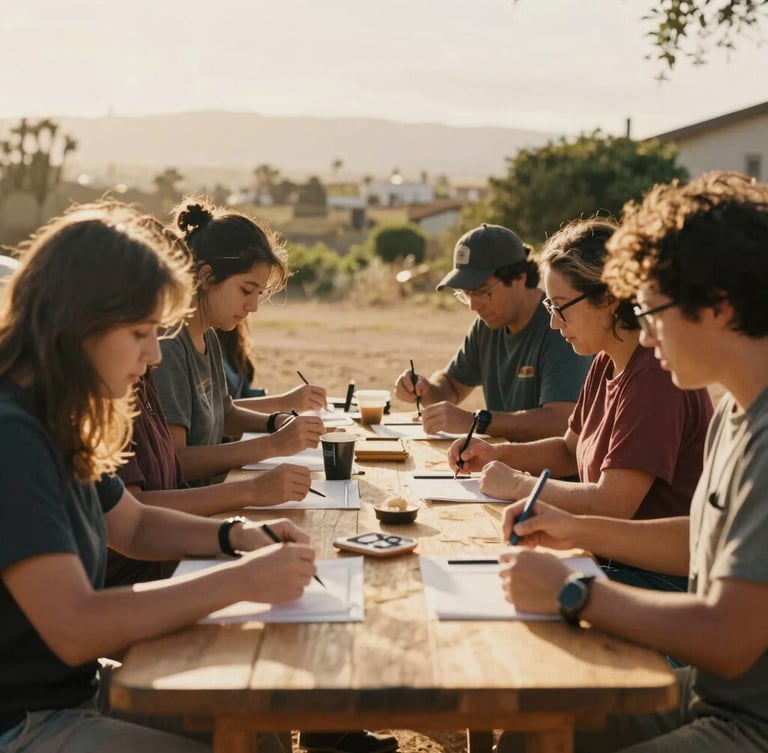Candid mid-shot of community members collaborating around a wooden table during an outdoor workshop, warm golden-hour California sunlight, rich organic earth tones.