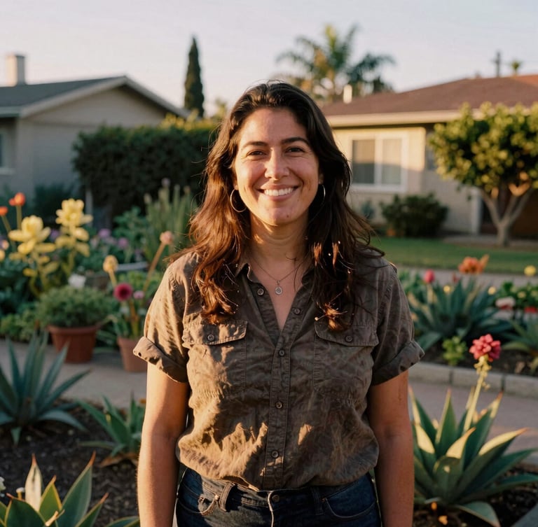 Candid portrait of a California community organizer smiling in a sunlit neighborhood garden, warm golden hour light, rich organic earth tones