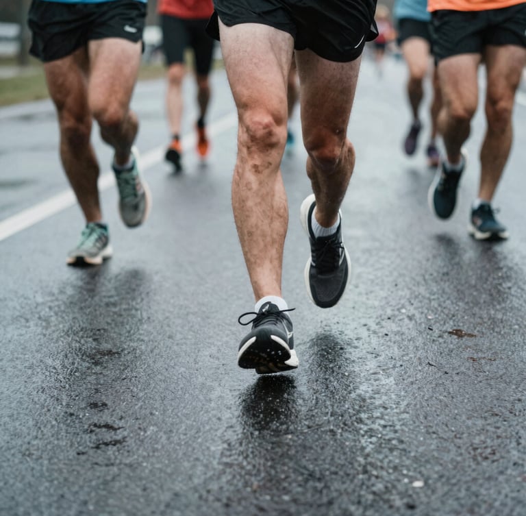 Close-up of running shoes on wet asphalt with dynamic motion blur, runners in a group, overcast northern daylight, cool desaturated tones, 35mm film style.