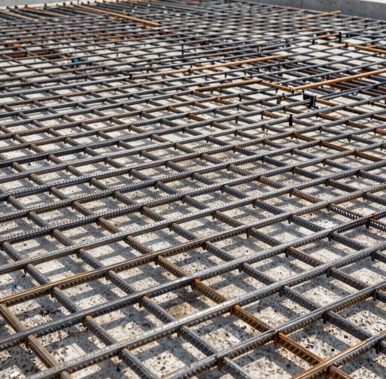 Close-up of industrial steel rebar reinforcement mesh inside a concrete formwork, sharp natural daylight, high contrast