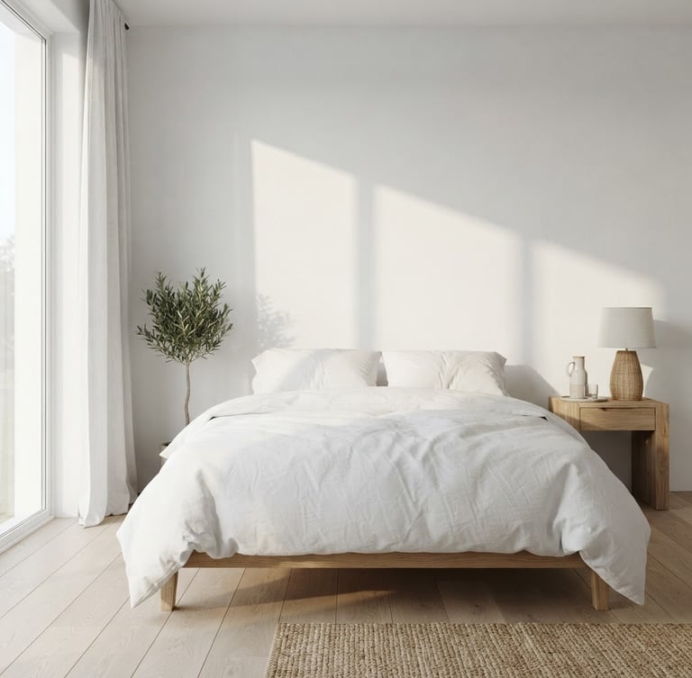 Bright architectural photo of a minimalist guest room interior, soft morning sun casting long shadows on white walls, crisp white bed linens, natural wood side table
