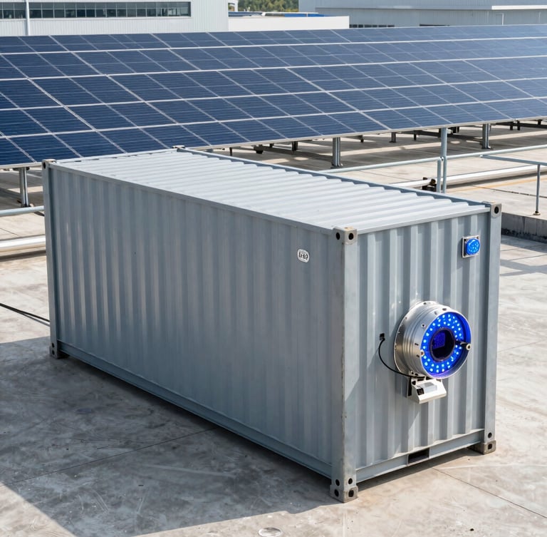A wide, crisp daylight photograph of a containerized BESS unit alongside industrial solar arrays on a factory rooftop, glowing blue LED telemetry indicators visible on the metal casing, 35mm lens.