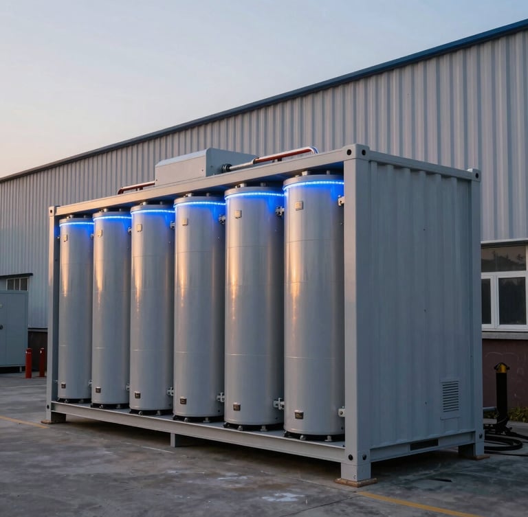 A dramatic twilight photograph of a newly installed 2.4MWh containerized battery energy storage system at a modern Dhaka industrial facility, clean metallic panels reflecting cool ambient light, 35mm lens.