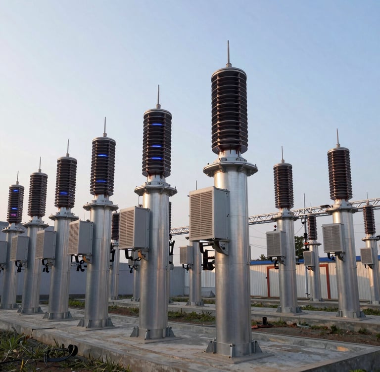 Wide-angle architectural shot of a modern industrial substation in Dhaka, crisp morning light reflecting off clean metal surfaces, high-voltage equipment, 35mm lens.