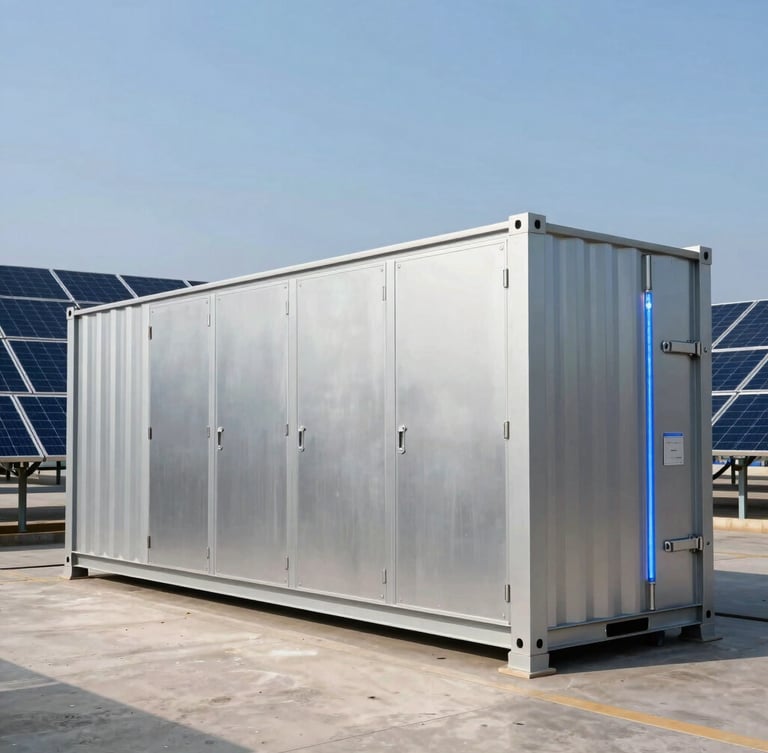 Wide environmental shot of containerized battery energy storage systems (BESS) and solar PV arrays under a crisp daylight sky, cool metallic tones, sharp focus.