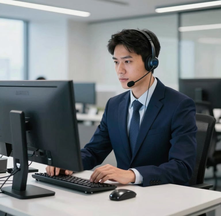 Professional support agent in business-casual attire using a headset in a clean modern office workspace with dual monitors, cool tones
