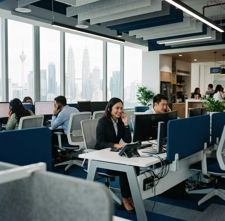 Bright modern office workspace in Kuala Lumpur with professional support agents, clean architectural lines, deep blue and silver tones, 35mm photography