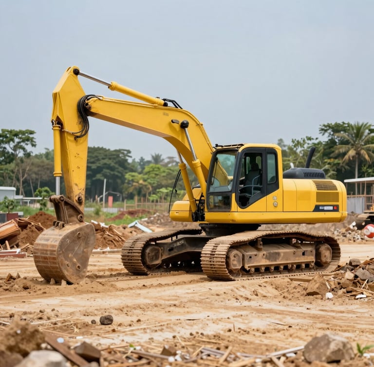 A heavy yellow excavator operating on a clean Kerala construction site, bright natural daylight, sharp focus, professional industrial framing