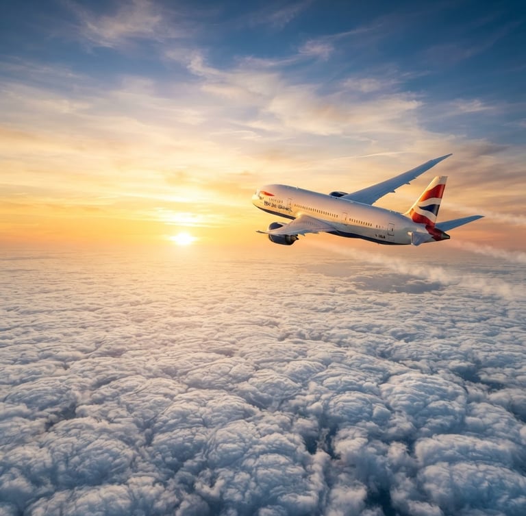 Wide-angle scenic shot of a modern airplane flying above white clouds at sunset, warm golden light reflecting on the wings, clean composition with negative space