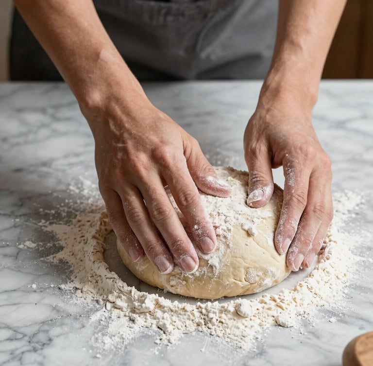 Close-up shot of hands dusting flour onto rustic sourdough bread dough on a marble countertop, warm natural side light, high contrast, editorial style