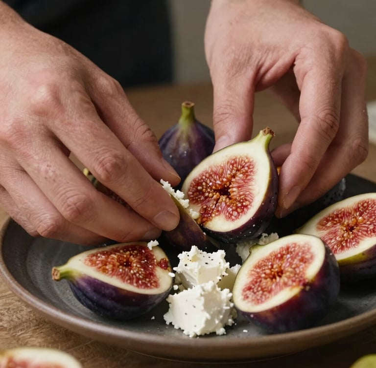 Extreme close-up of hands arranging fresh figs and goat cheese on a dark ceramic plate, warm morning light, high contrast