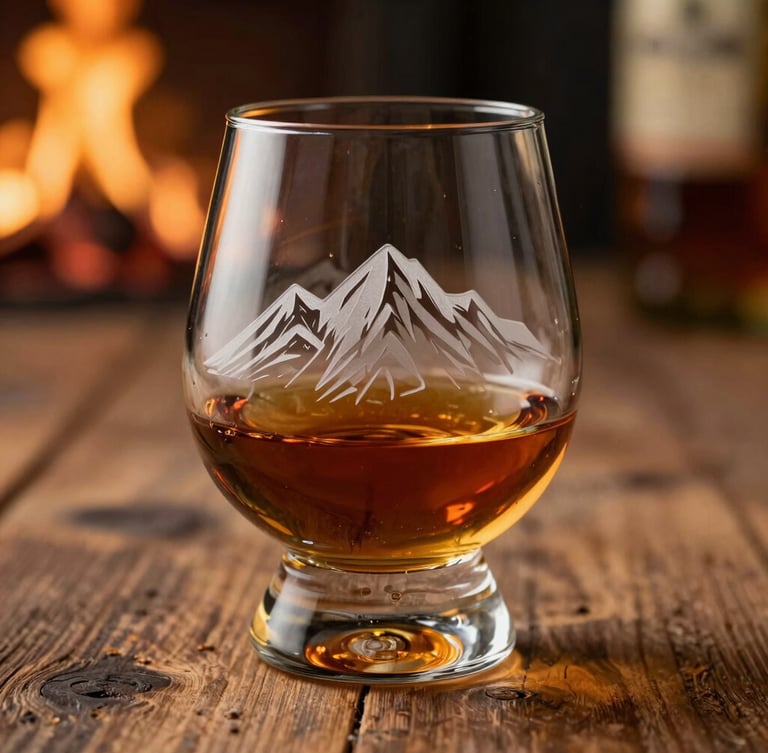 Macro close-up of a heavy-bottomed whiskey glass etched with a mountain crest emblem, filled with amber bourbon, resting on a rough-hewn oak table, warm firelight glow, deep shadows.