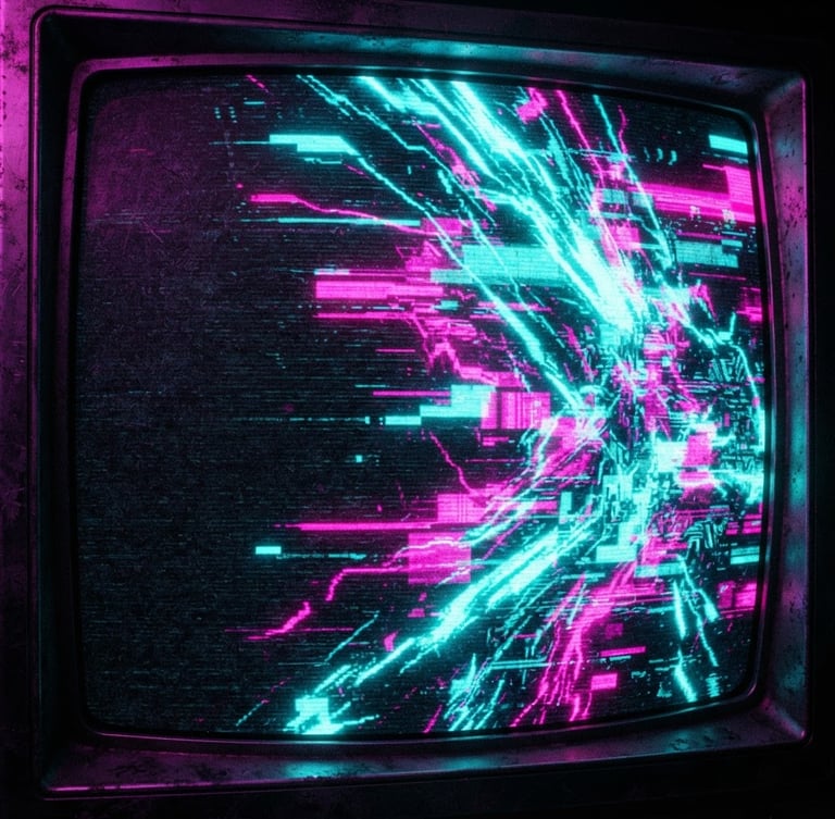 Macro close-up of a glowing CRT monitor displaying abstract glitch art, bathed in neon cyan and hot magenta backlighting. High-contrast gritty texture, 35mm film grain, dark retro-cyberpunk aesthetic, off-center subject with negative space to the left.