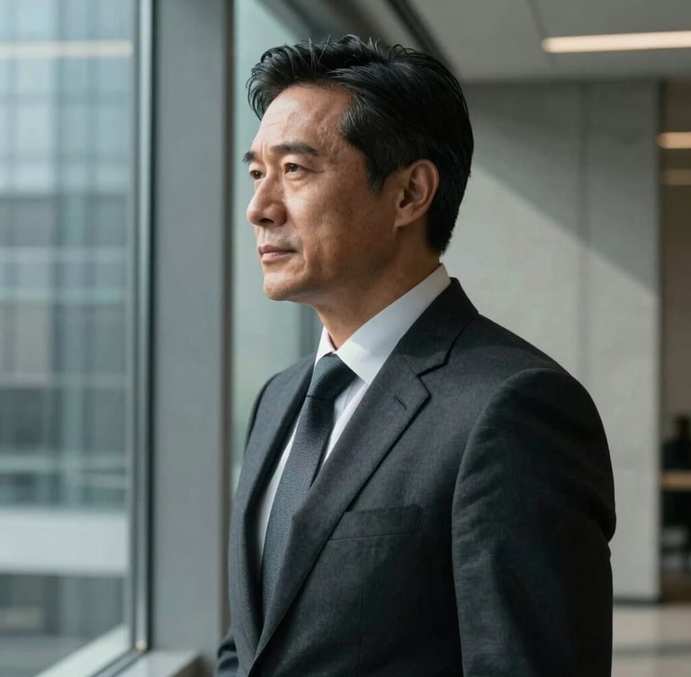 A high-contrast, unposed medium close-up of a mature professional man in a dark tailored suit, looking thoughtfully out of a window in a modern concrete-and-glass office, side-lit with soft deep shadows.