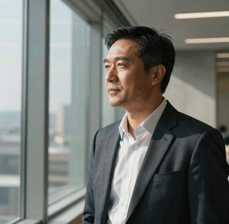 An unposed, medium close-up of a corporate advisor in a modern concrete and glass office, looking thoughtfully out a window with natural directional side-lighting and soft deep shadows.