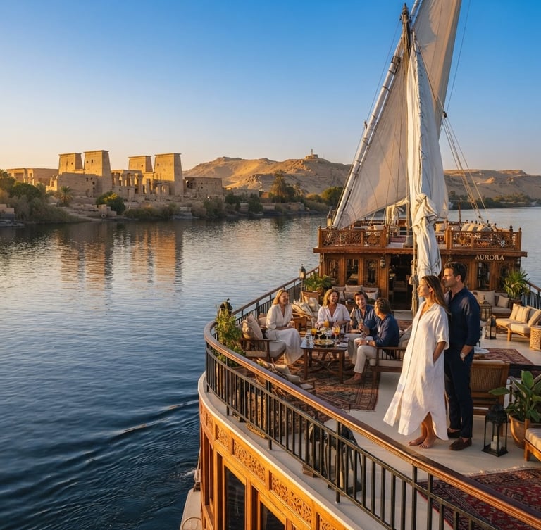 Portrait of a luxurious dahabiya gliding on the Nile at golden hour, elegant travelers on deck, soft warm light, ancient temples in the distant background, cinematic, 35mm lens