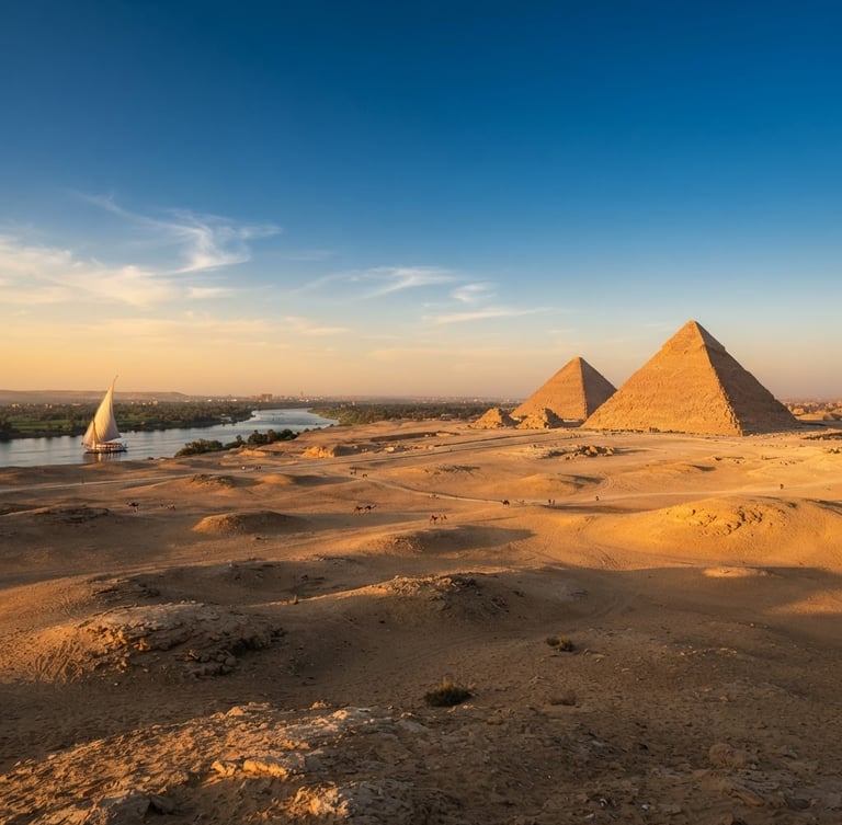 Wide panoramic view of the Giza Pyramids at golden hour, uncrowded, warm low-angle sunlight casting long shadows, a single luxury dahabiya visible on the distant Nile, cinematic, 35mm lens.